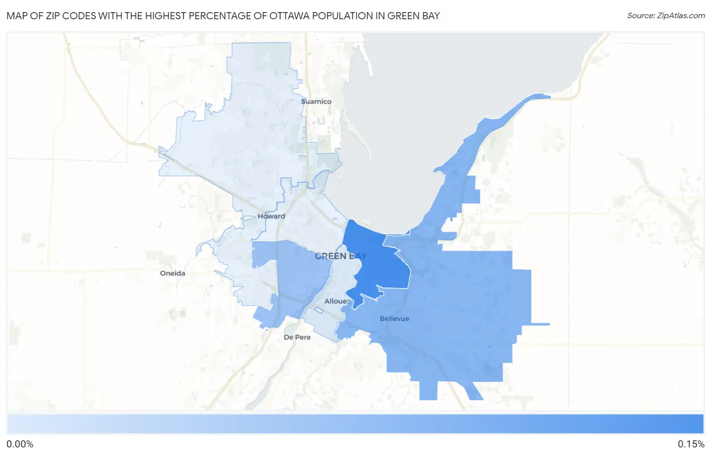 Zip Codes with the Highest Percentage of Ottawa Population in Green Bay Map