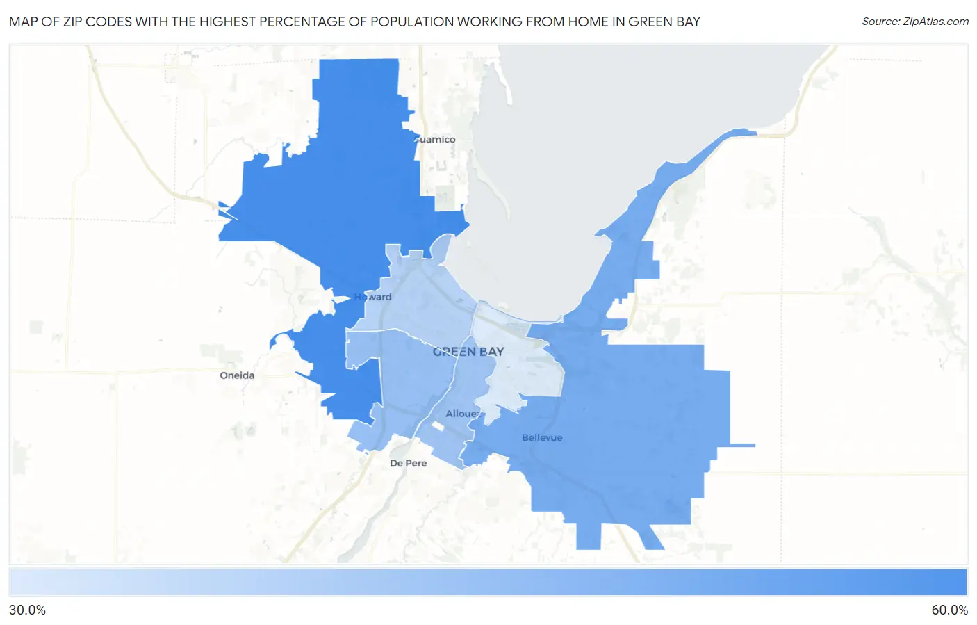 Zip Codes with the Highest Percentage of Population Working from Home in Green Bay Map