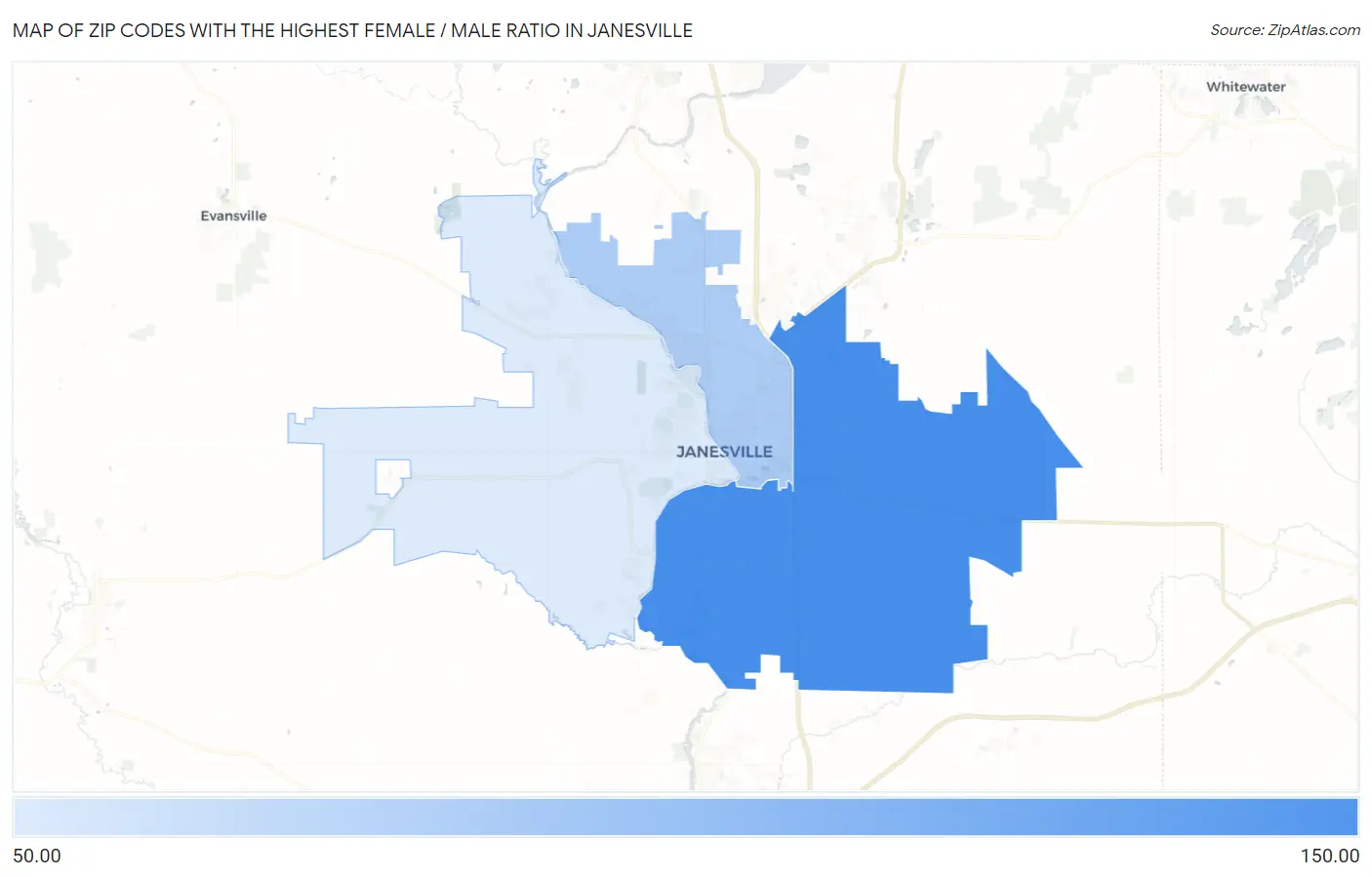 Zip Codes with the Highest Female / Male Ratio in Janesville Map