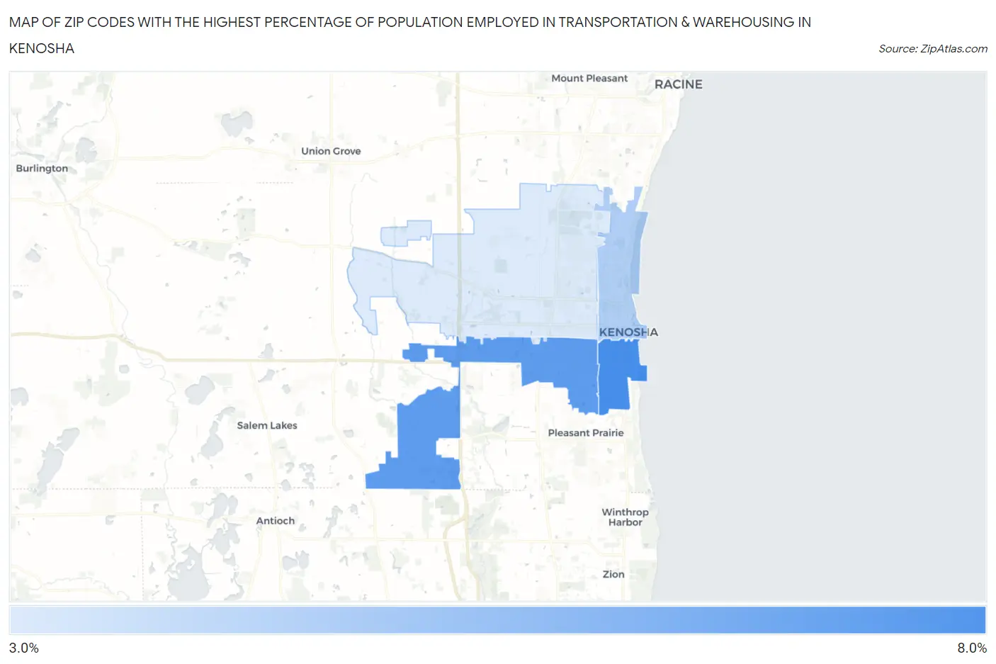 Zip Codes with the Highest Percentage of Population Employed in Transportation & Warehousing in Kenosha Map