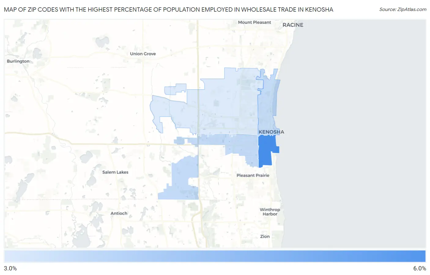 Zip Codes with the Highest Percentage of Population Employed in Wholesale Trade in Kenosha Map