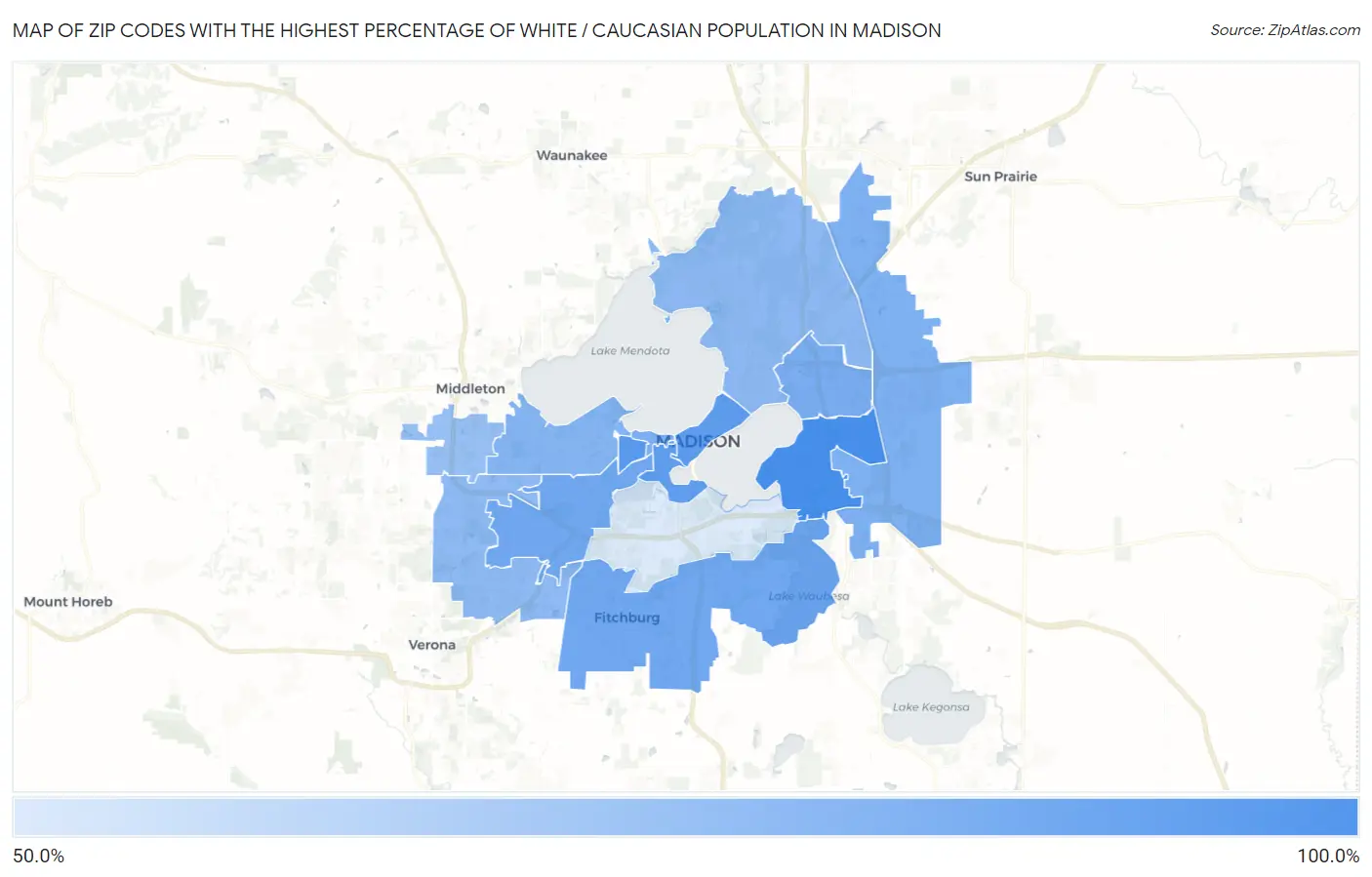 Zip Codes with the Highest Percentage of White / Caucasian Population in Madison Map