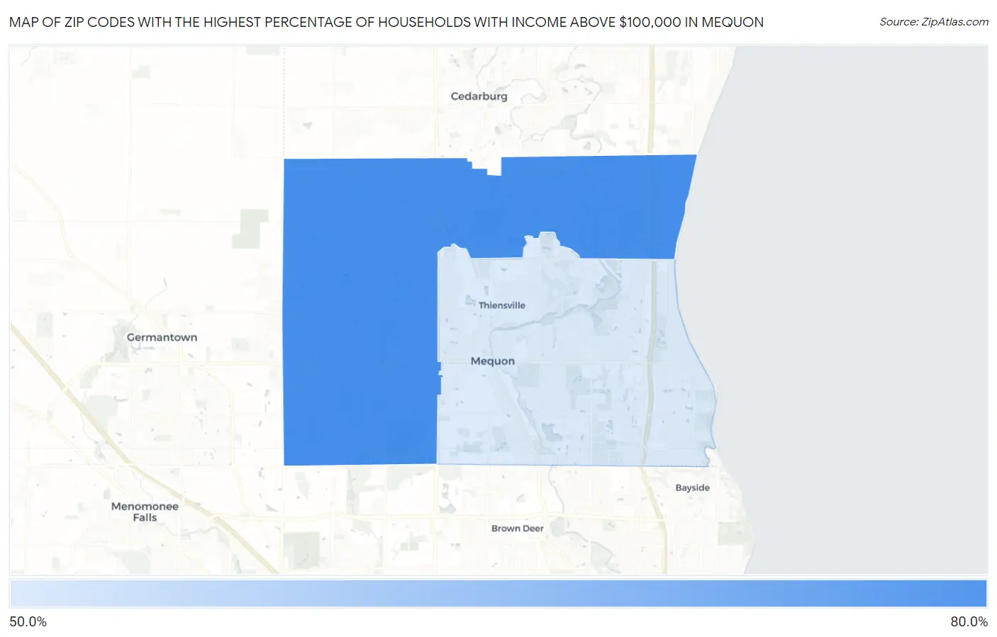 Zip Codes with the Highest Percentage of Households with Income Above $100,000 in Mequon Map
