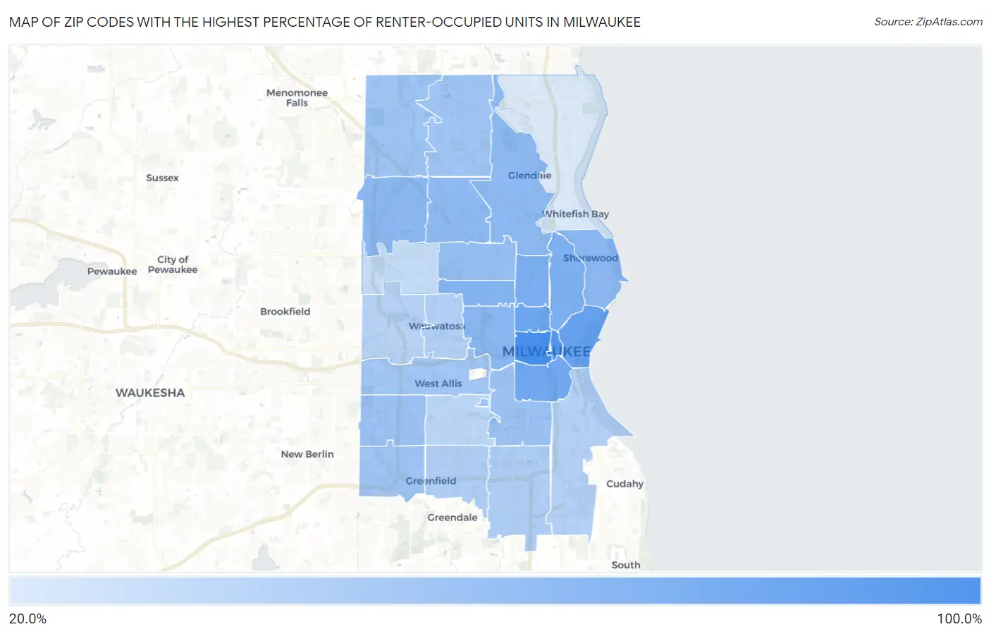 Zip Codes with the Highest Percentage of Renter-Occupied Units in Milwaukee Map