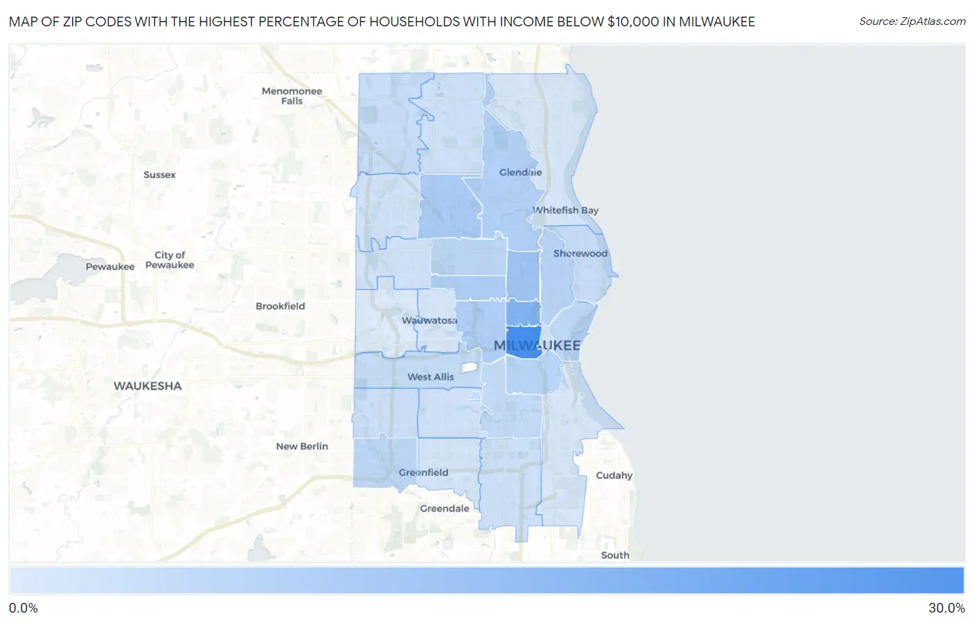 Zip Codes with the Highest Percentage of Households with Income Below $10,000 in Milwaukee Map