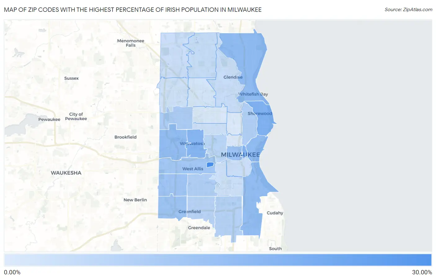 Zip Codes with the Highest Percentage of Irish Population in Milwaukee Map