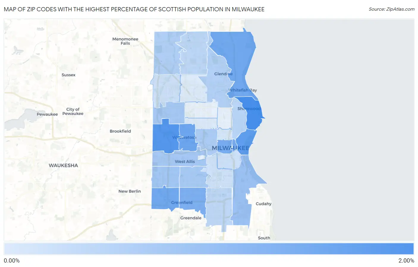 Zip Codes with the Highest Percentage of Scottish Population in Milwaukee Map