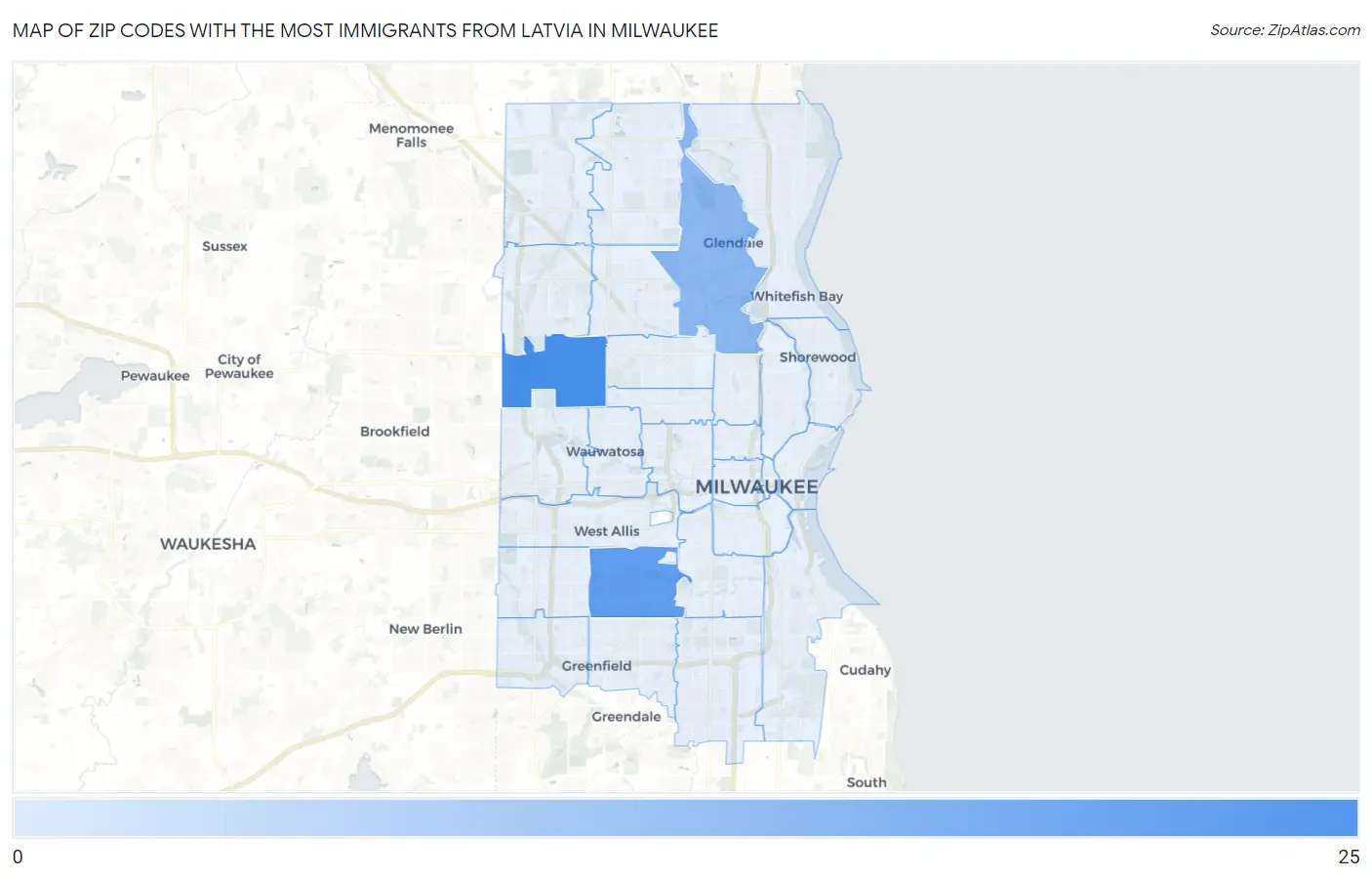 Zip Codes with the Most Immigrants from Latvia in Milwaukee Map