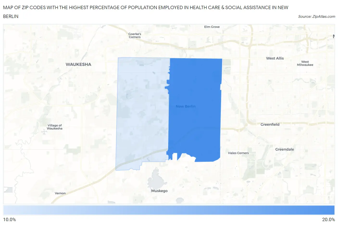Zip Codes with the Highest Percentage of Population Employed in Health Care & Social Assistance in New Berlin Map