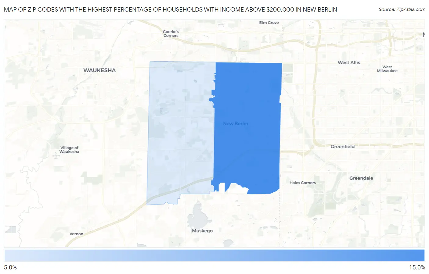 Zip Codes with the Highest Percentage of Households with Income Above $200,000 in New Berlin Map