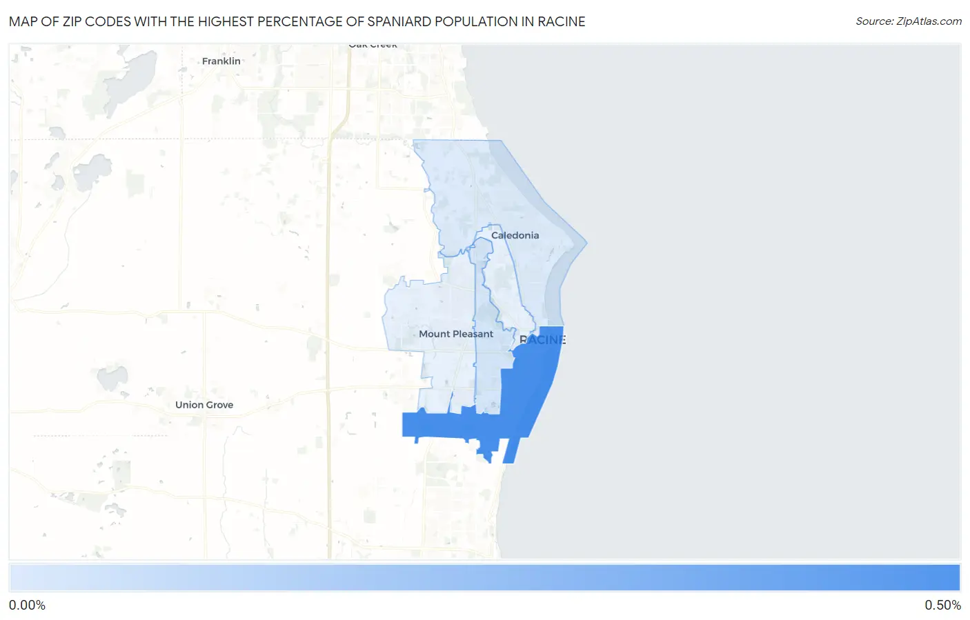 Zip Codes with the Highest Percentage of Spaniard Population in Racine Map