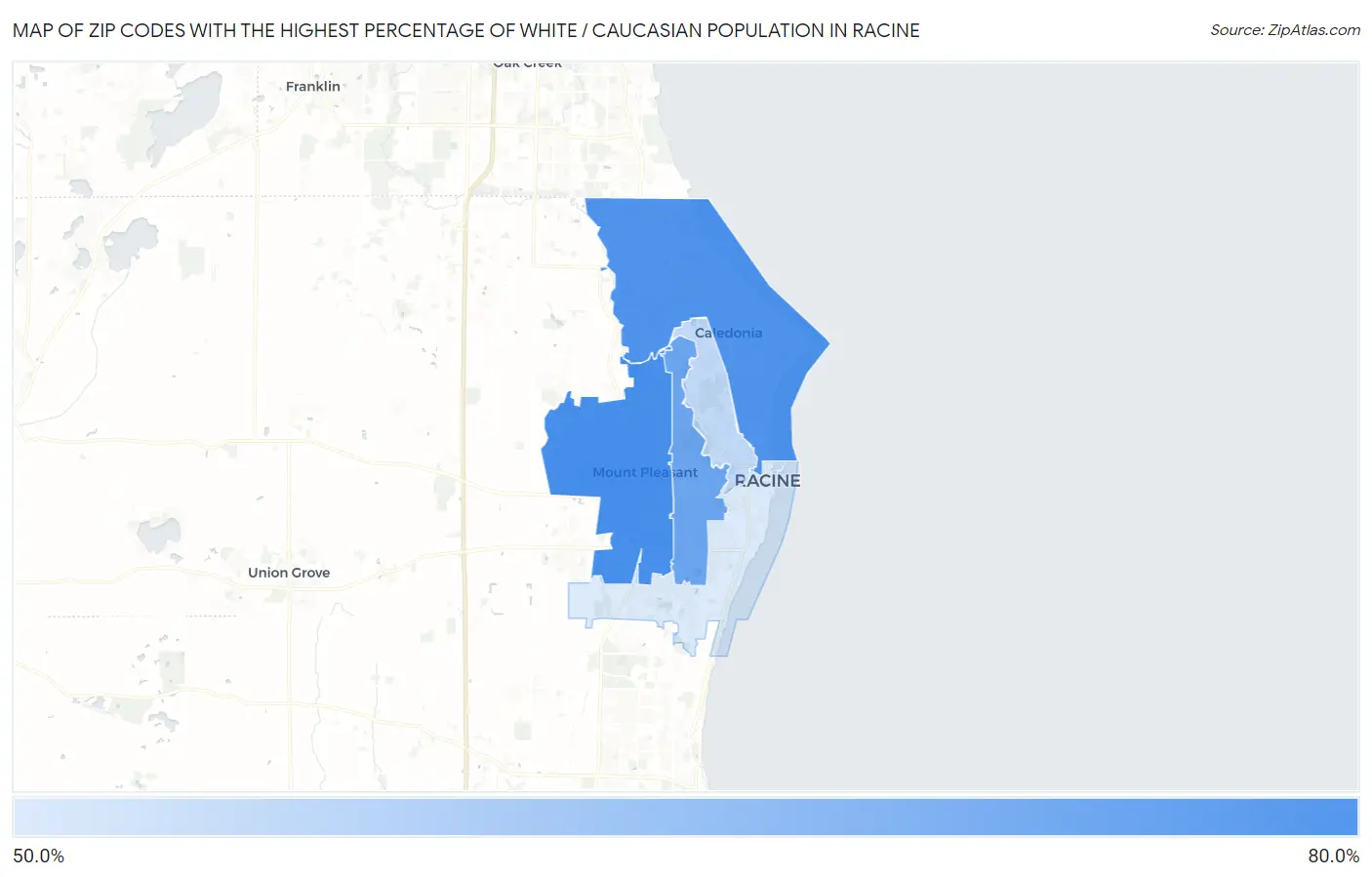 Zip Codes with the Highest Percentage of White / Caucasian Population in Racine Map