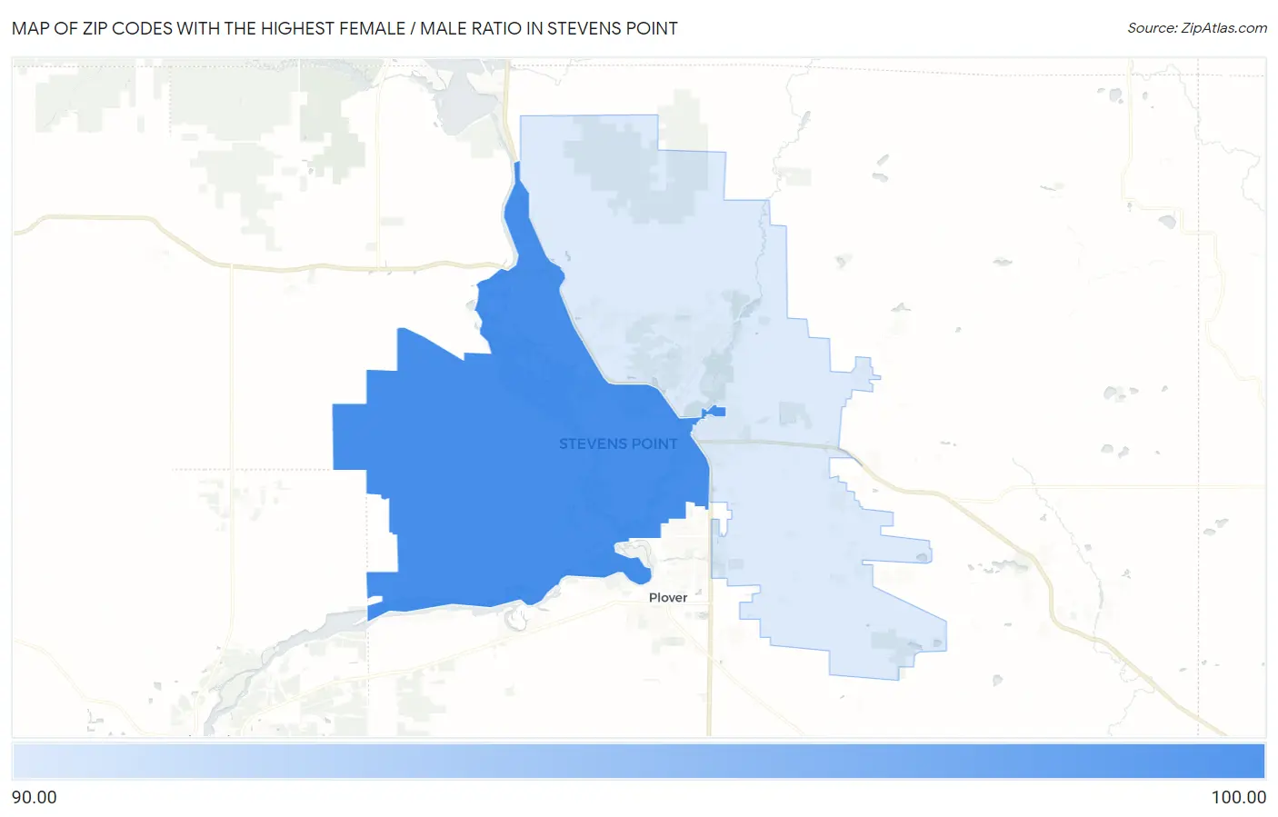Zip Codes with the Highest Female / Male Ratio in Stevens Point Map