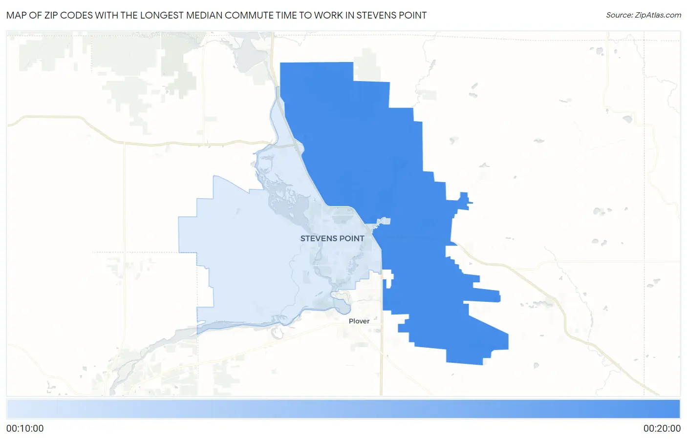 Zip Codes with the Longest Median Commute Time to Work in Stevens Point Map