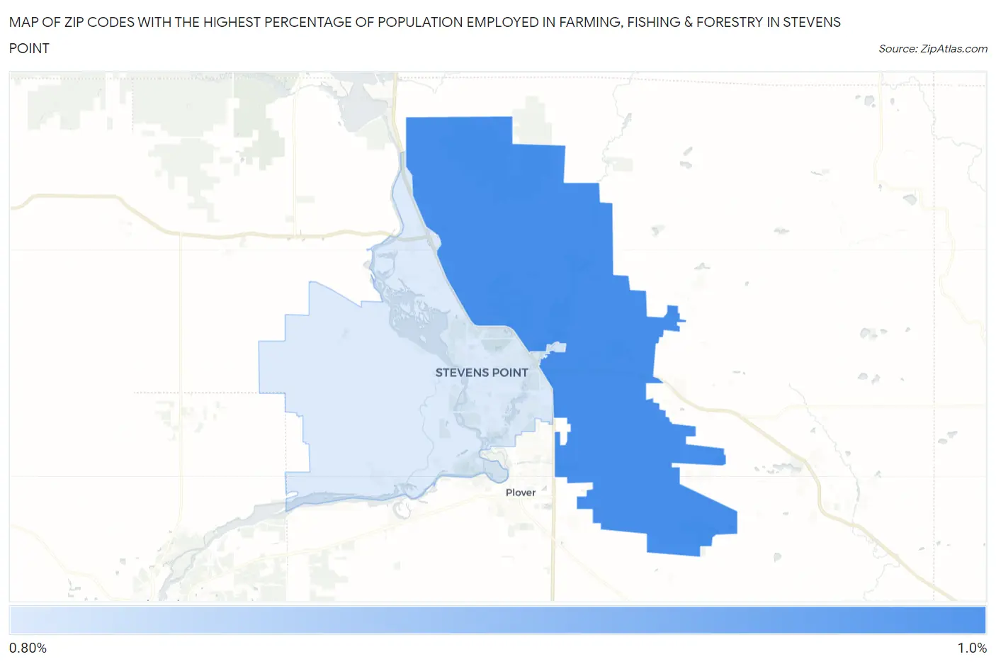 Zip Codes with the Highest Percentage of Population Employed in Farming, Fishing & Forestry in Stevens Point Map
