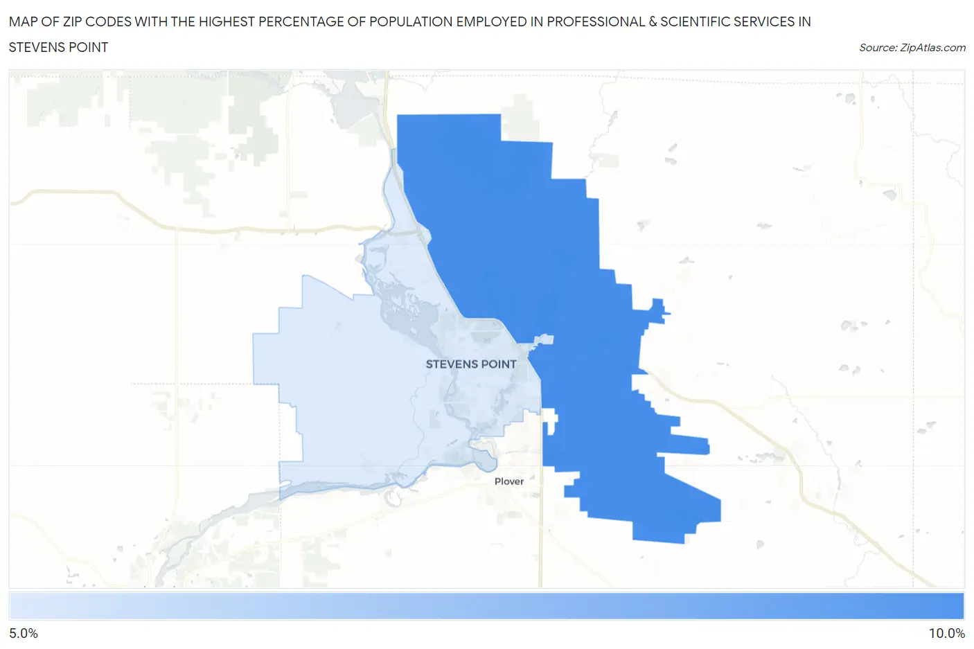Zip Codes with the Highest Percentage of Population Employed in Professional & Scientific Services in Stevens Point Map