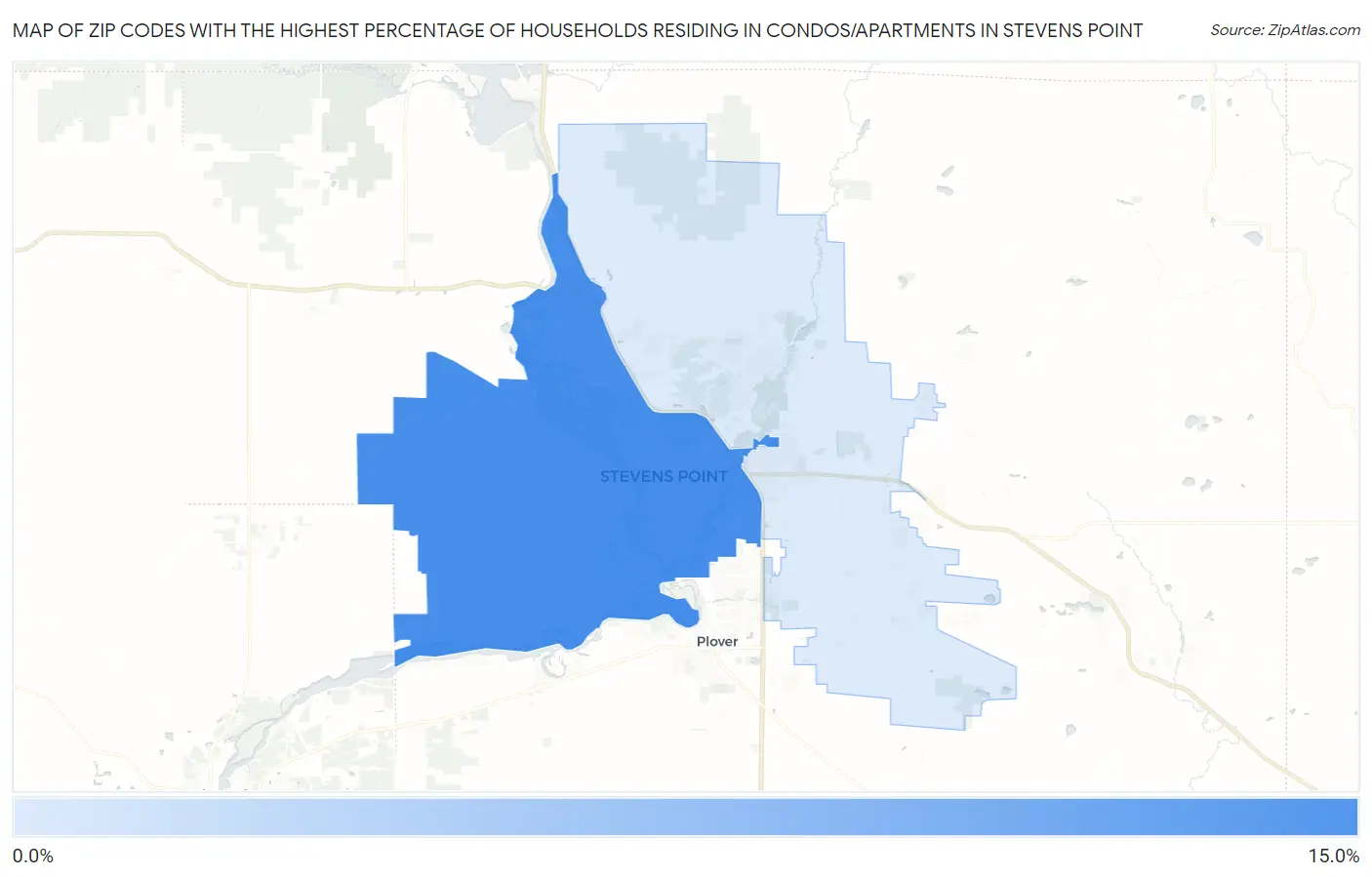Zip Codes with the Highest Percentage of Households Residing in Condos/Apartments in Stevens Point Map