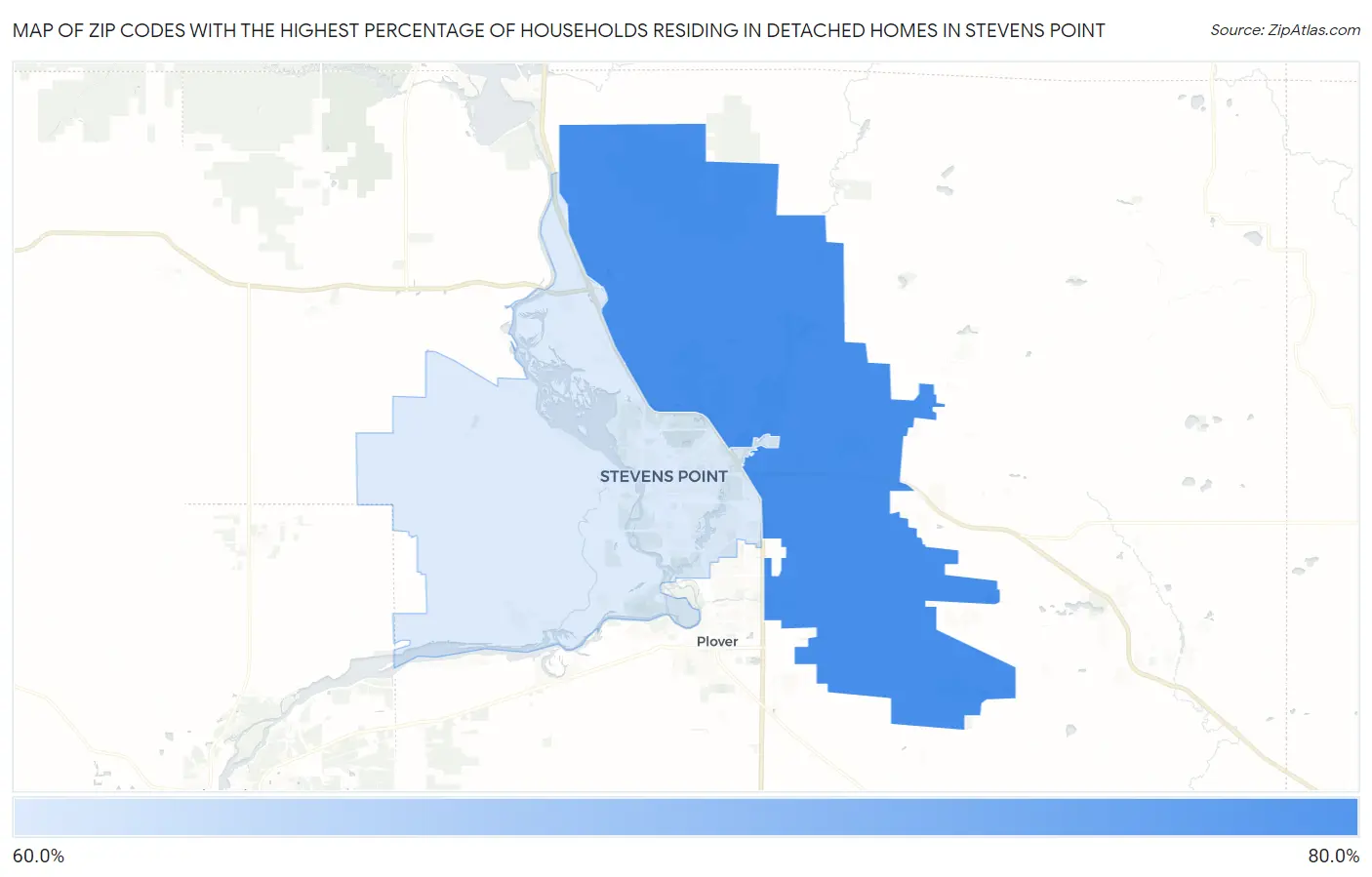 Zip Codes with the Highest Percentage of Households Residing in Detached Homes in Stevens Point Map