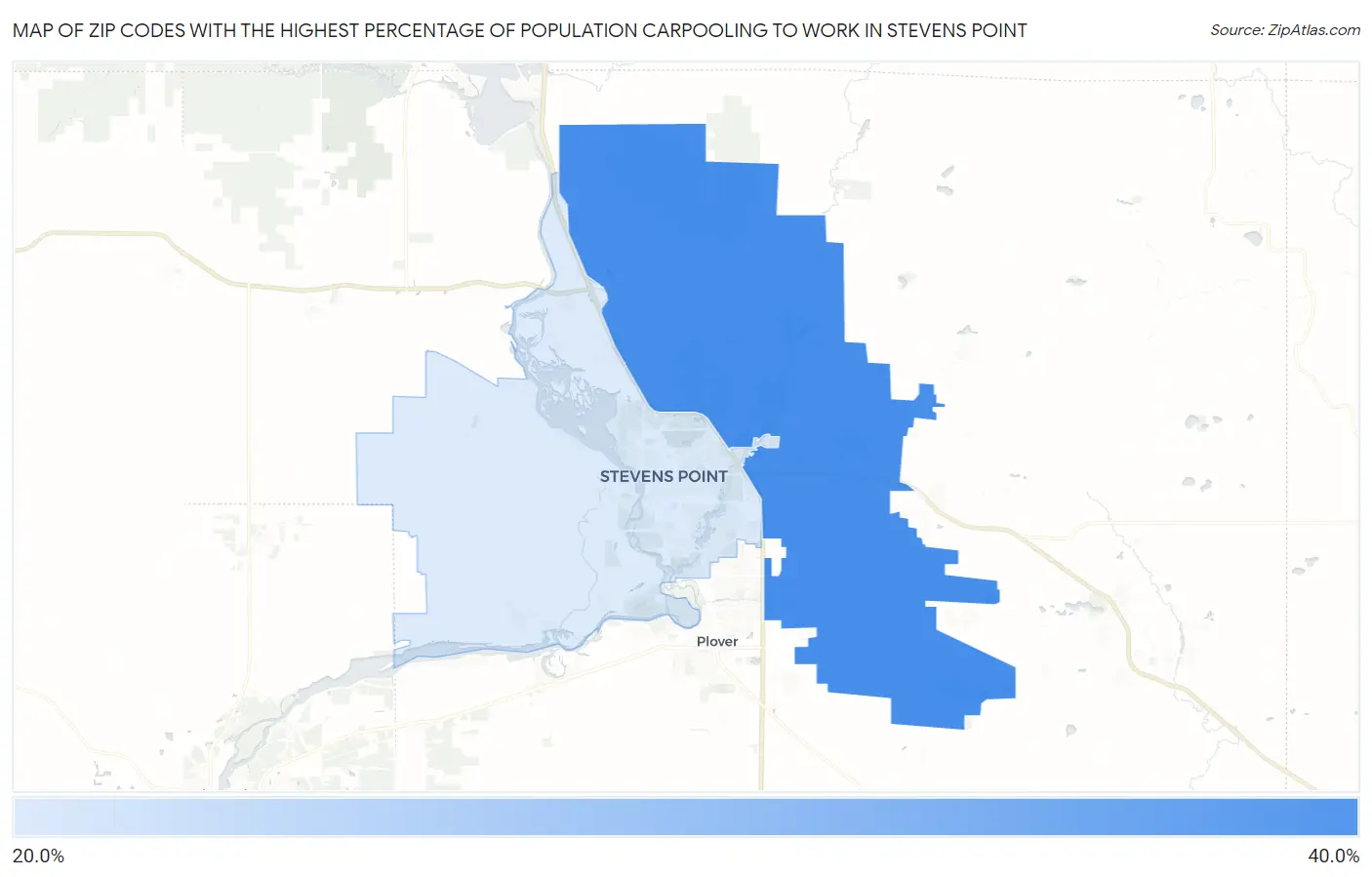 Zip Codes with the Highest Percentage of Population Carpooling to Work in Stevens Point Map
