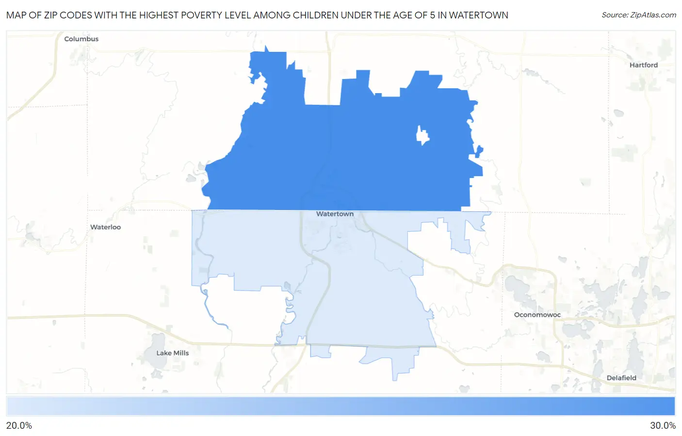 Zip Codes with the Highest Poverty Level Among Children Under the Age of 5 in Watertown Map