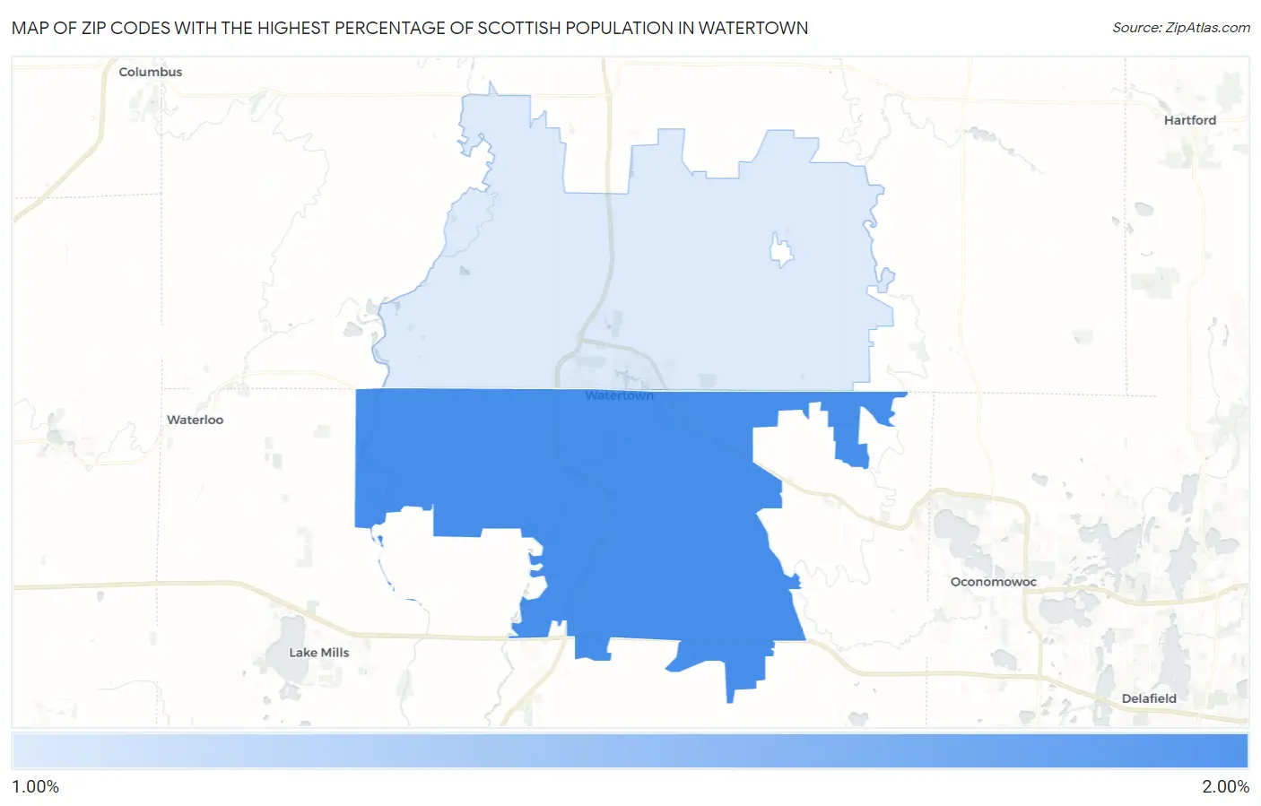 Zip Codes with the Highest Percentage of Scottish Population in Watertown Map