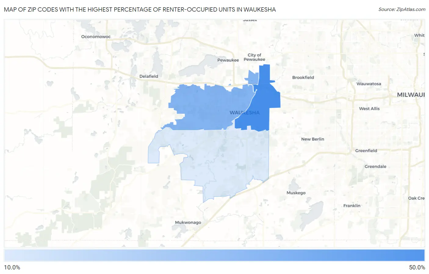 Zip Codes with the Highest Percentage of Renter-Occupied Units in Waukesha Map
