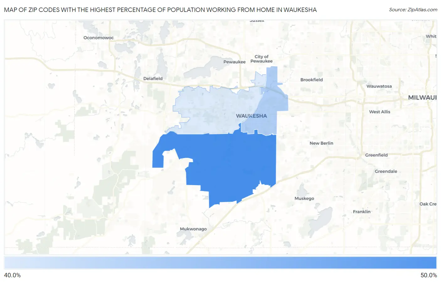 Zip Codes with the Highest Percentage of Population Working from Home in Waukesha Map