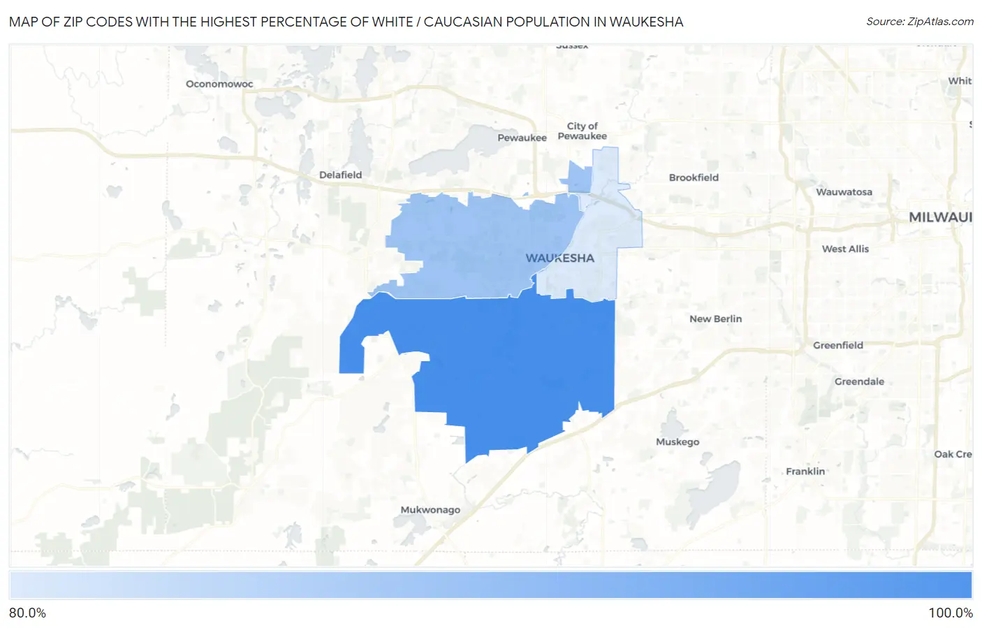 Zip Codes with the Highest Percentage of White / Caucasian Population in Waukesha Map