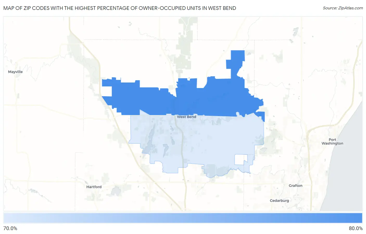 Zip Codes with the Highest Percentage of Owner-Occupied Units in West Bend Map