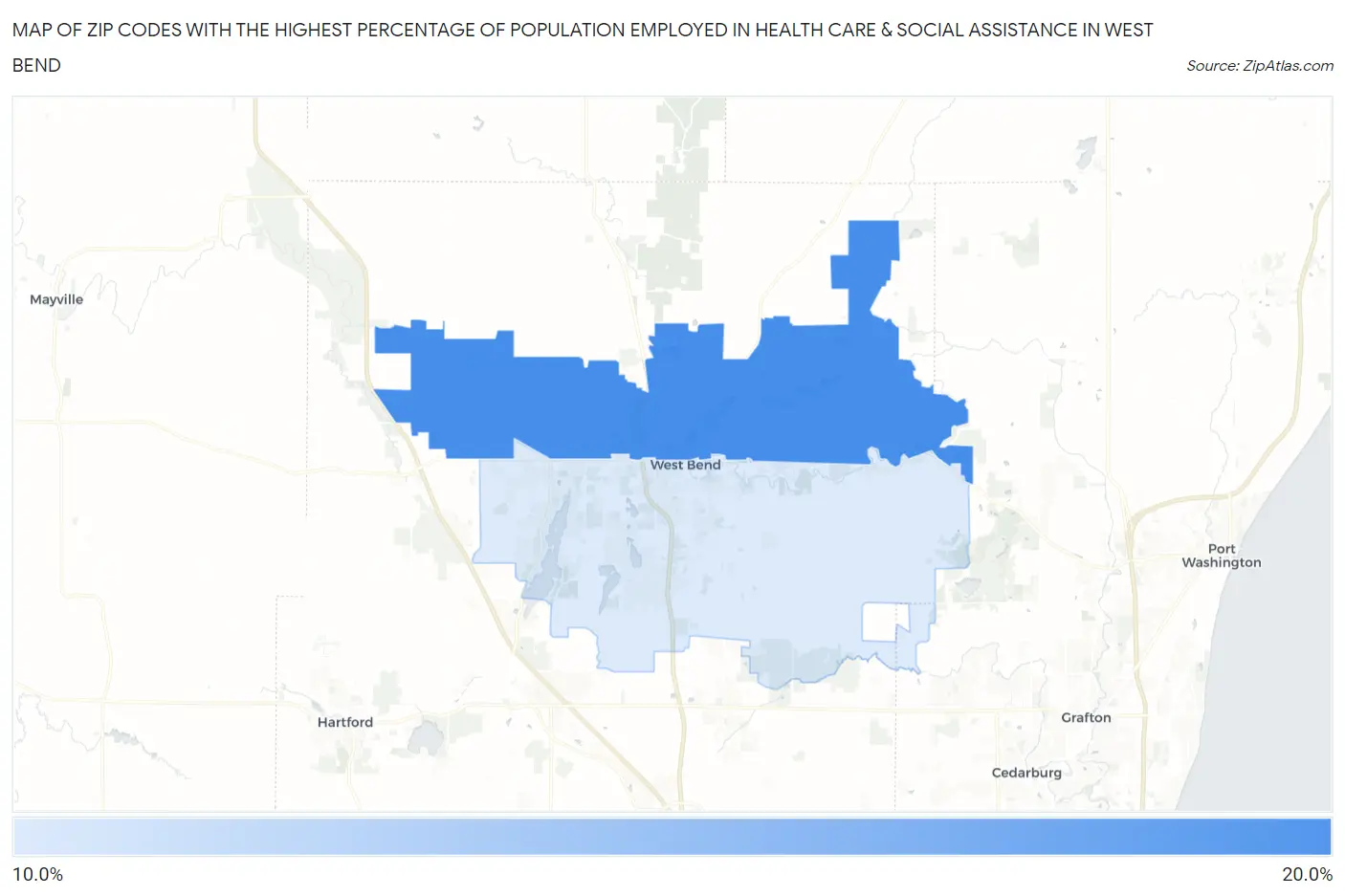 Zip Codes with the Highest Percentage of Population Employed in Health Care & Social Assistance in West Bend Map