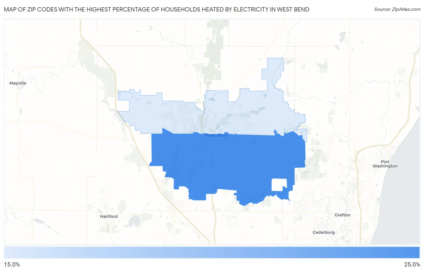 Zip Codes with the Highest Percentage of Households Heated by Electricity in West Bend Map
