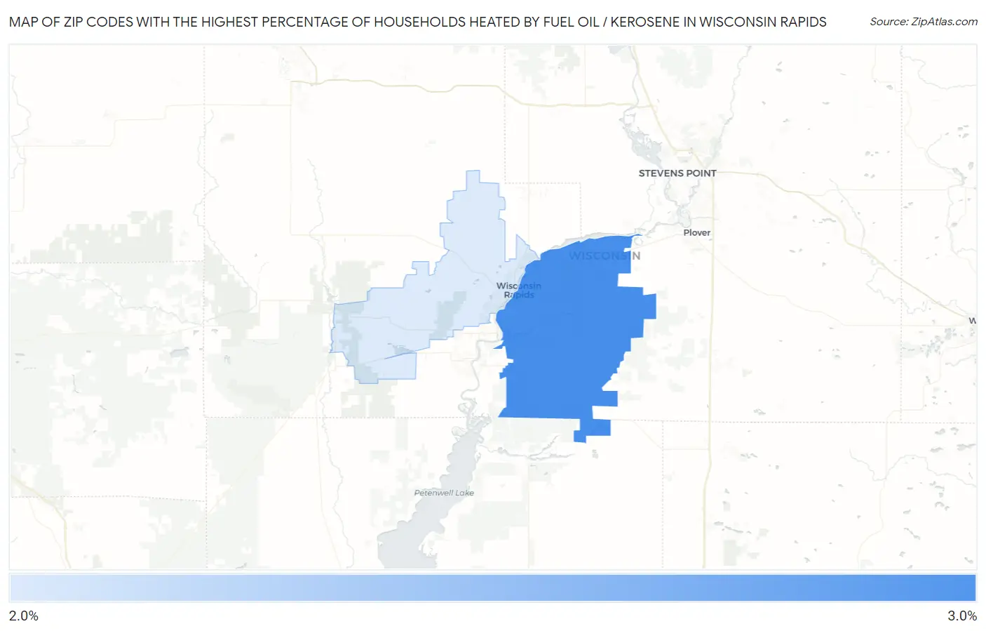 Zip Codes with the Highest Percentage of Households Heated by Fuel Oil / Kerosene in Wisconsin Rapids Map
