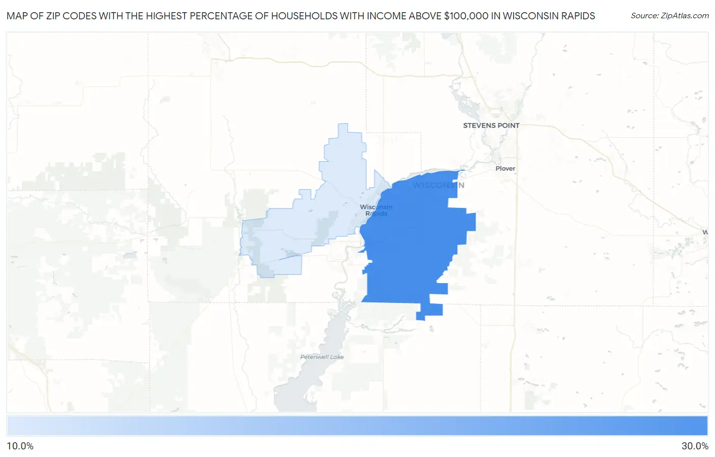 Zip Codes with the Highest Percentage of Households with Income Above $100,000 in Wisconsin Rapids Map