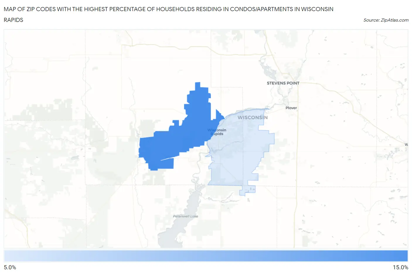 Zip Codes with the Highest Percentage of Households Residing in Condos/Apartments in Wisconsin Rapids Map