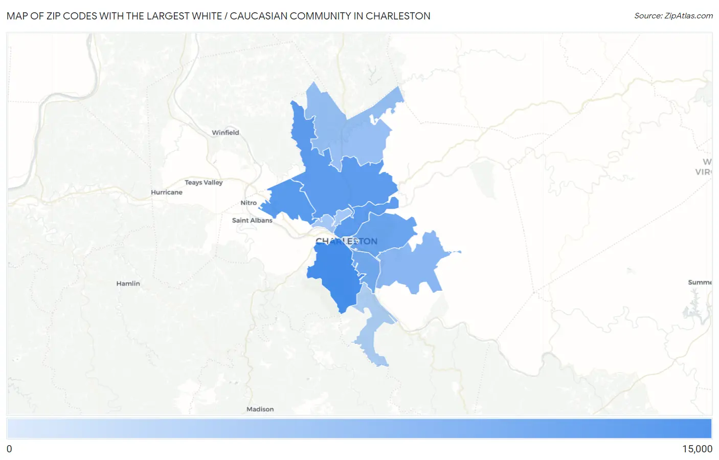 Zip Codes with the Largest White / Caucasian Community in Charleston Map