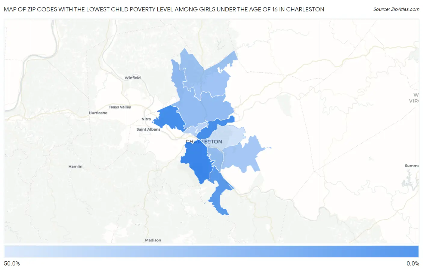 Zip Codes with the Lowest Child Poverty Level Among Girls Under the Age of 16 in Charleston Map