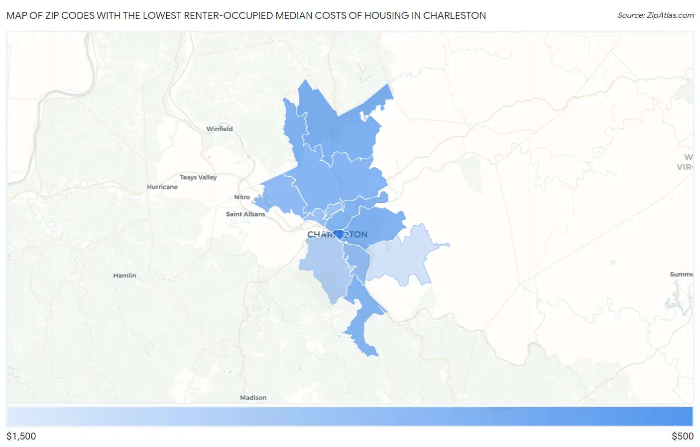 Zip Codes with the Lowest Renter-Occupied Median Costs of Housing in Charleston Map