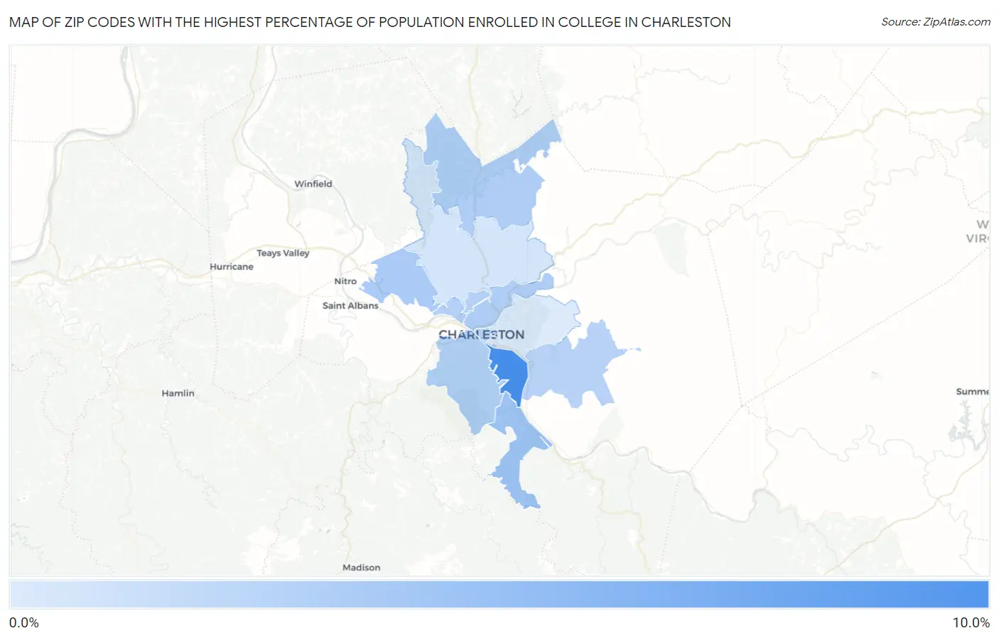 Zip Codes with the Highest Percentage of Population Enrolled in College in Charleston Map
