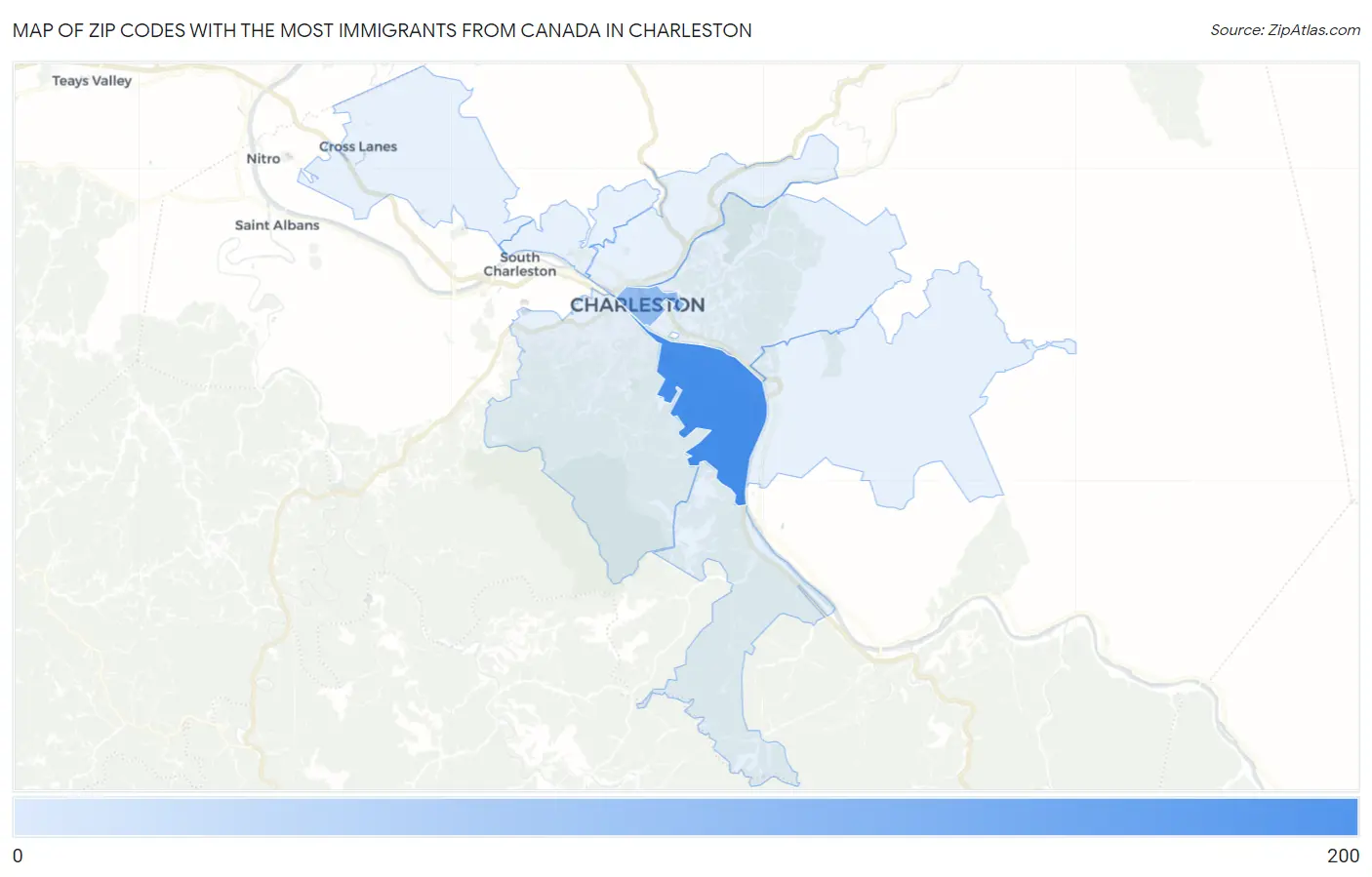 Zip Codes with the Most Immigrants from Canada in Charleston Map