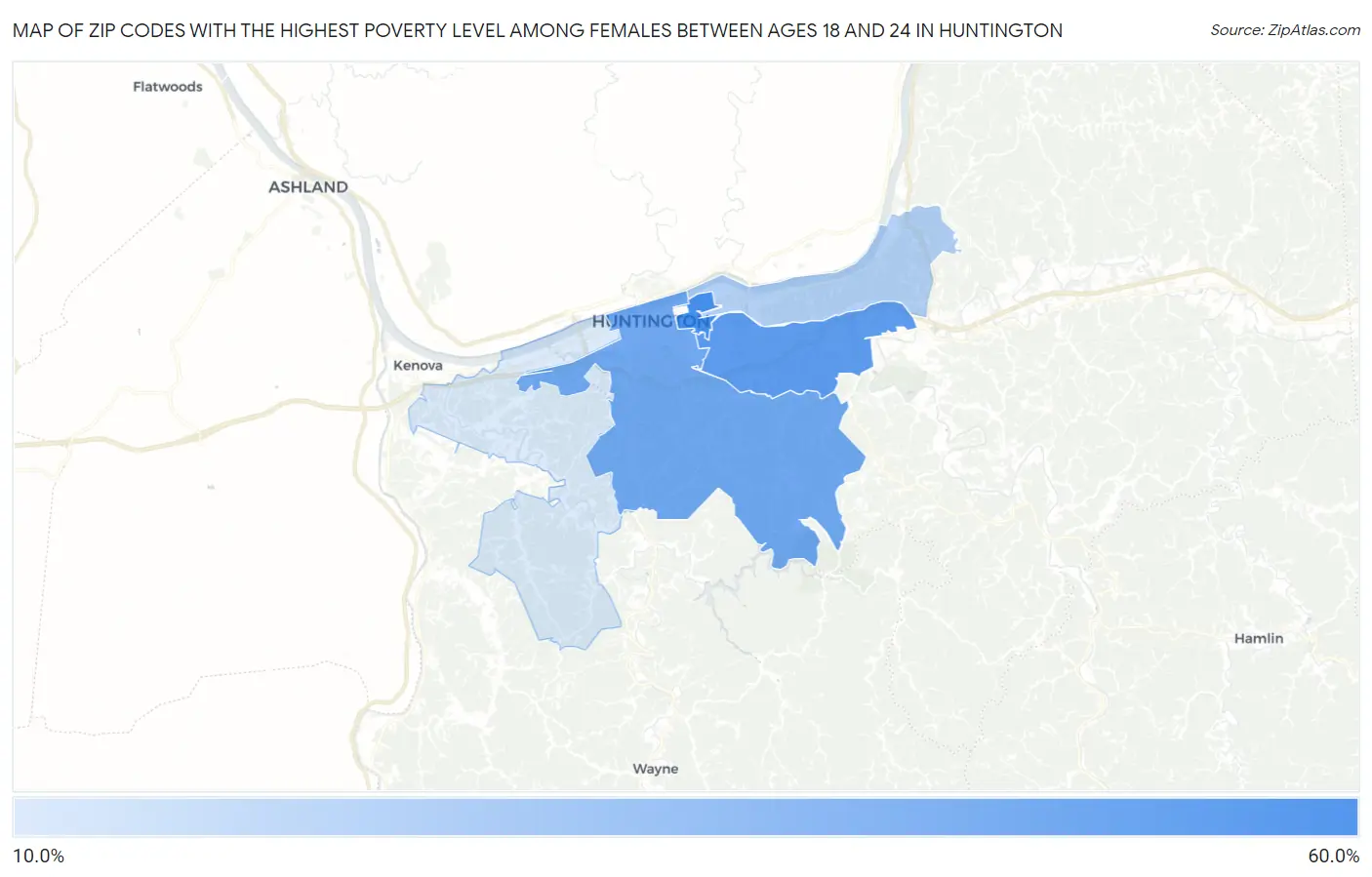 Zip Codes with the Highest Poverty Level Among Females Between Ages 18 and 24 in Huntington Map