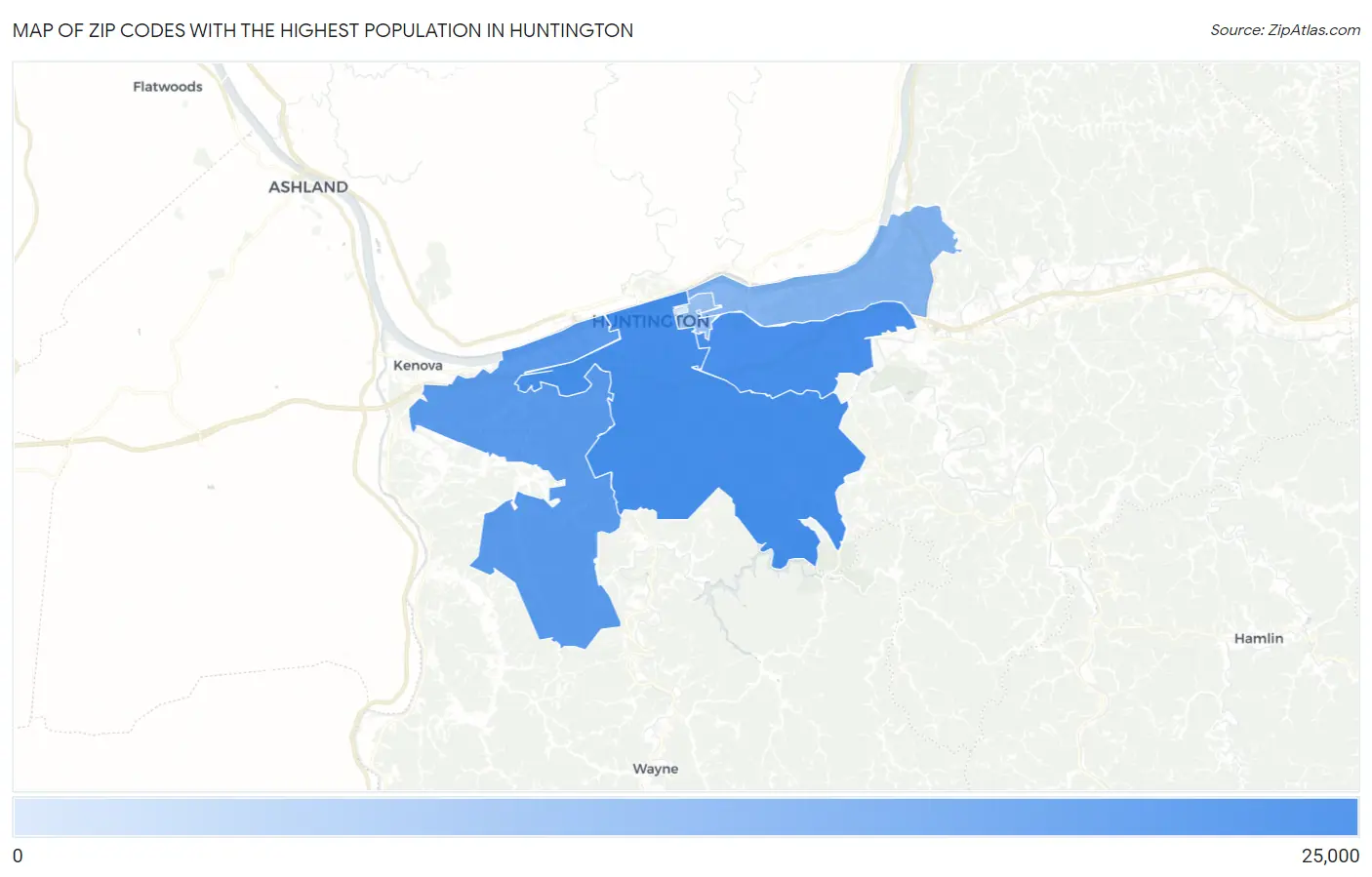 Zip Codes with the Highest Population in Huntington Map
