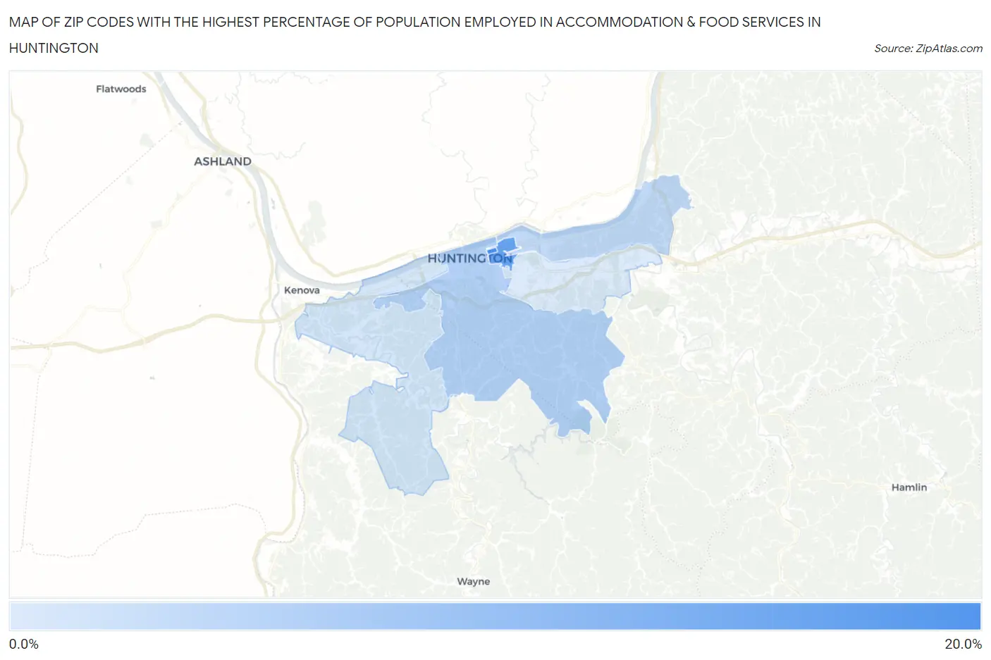 Zip Codes with the Highest Percentage of Population Employed in Accommodation & Food Services in Huntington Map