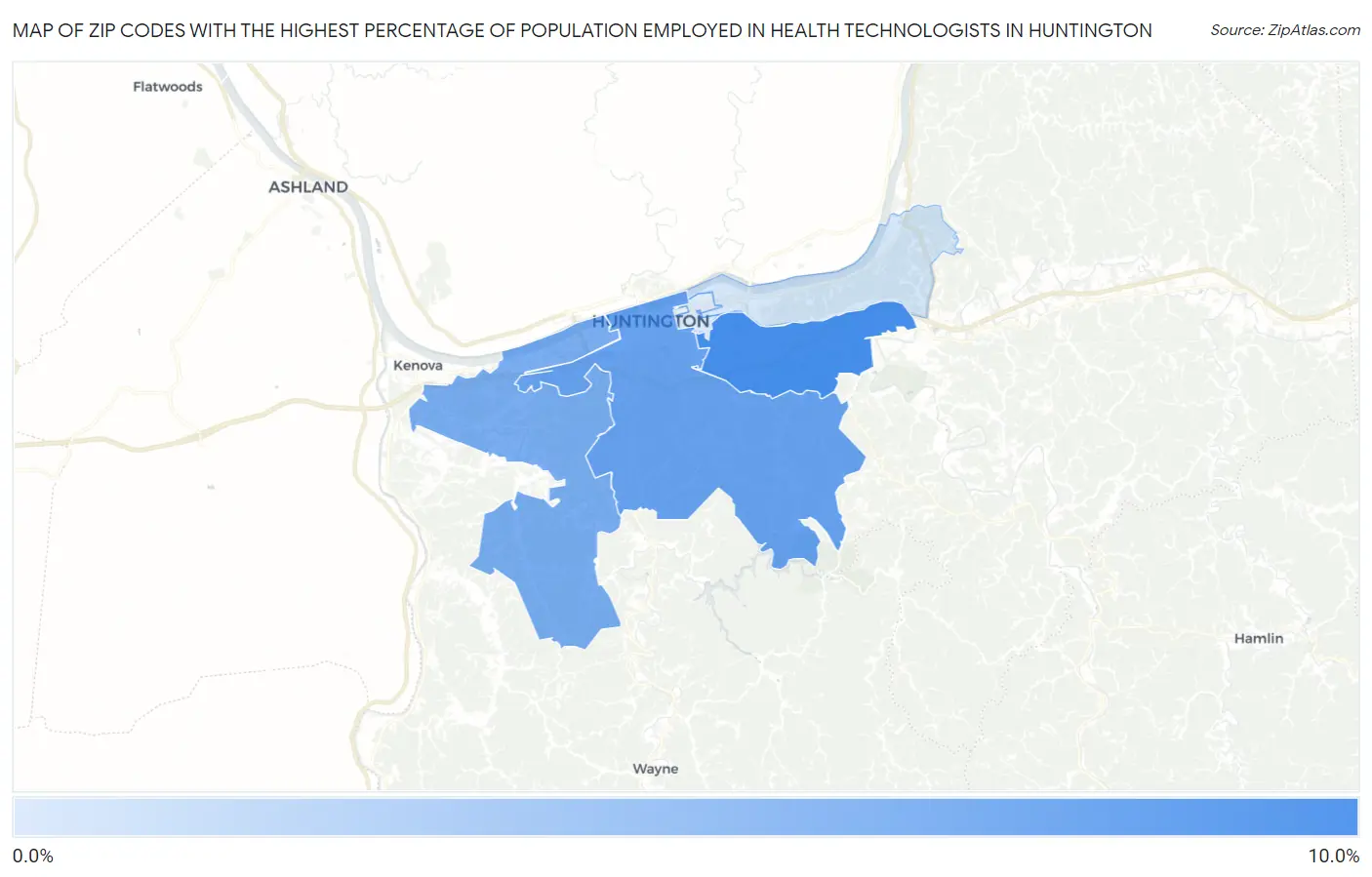 Zip Codes with the Highest Percentage of Population Employed in Health Technologists in Huntington Map