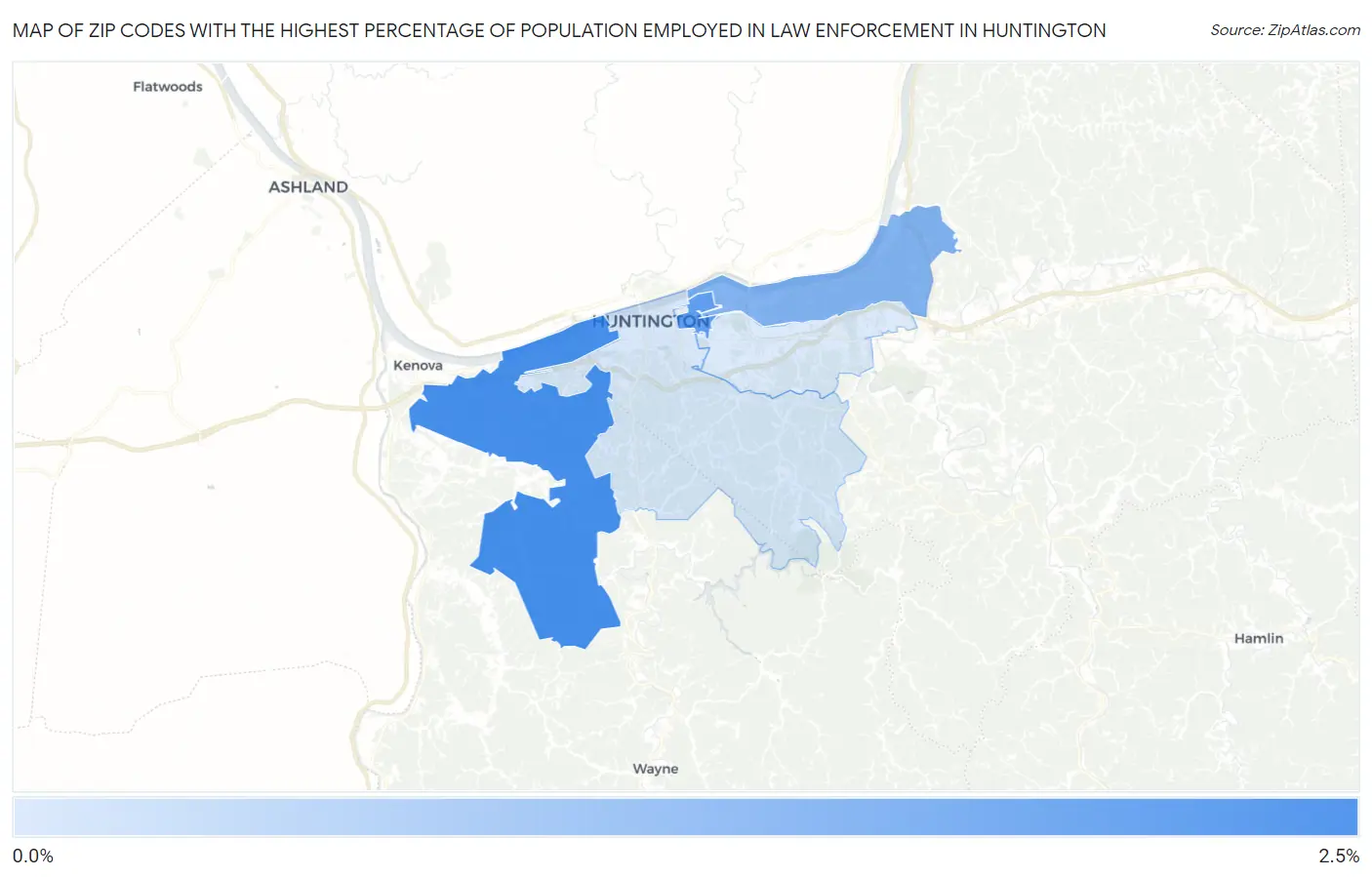 Zip Codes with the Highest Percentage of Population Employed in Law Enforcement in Huntington Map
