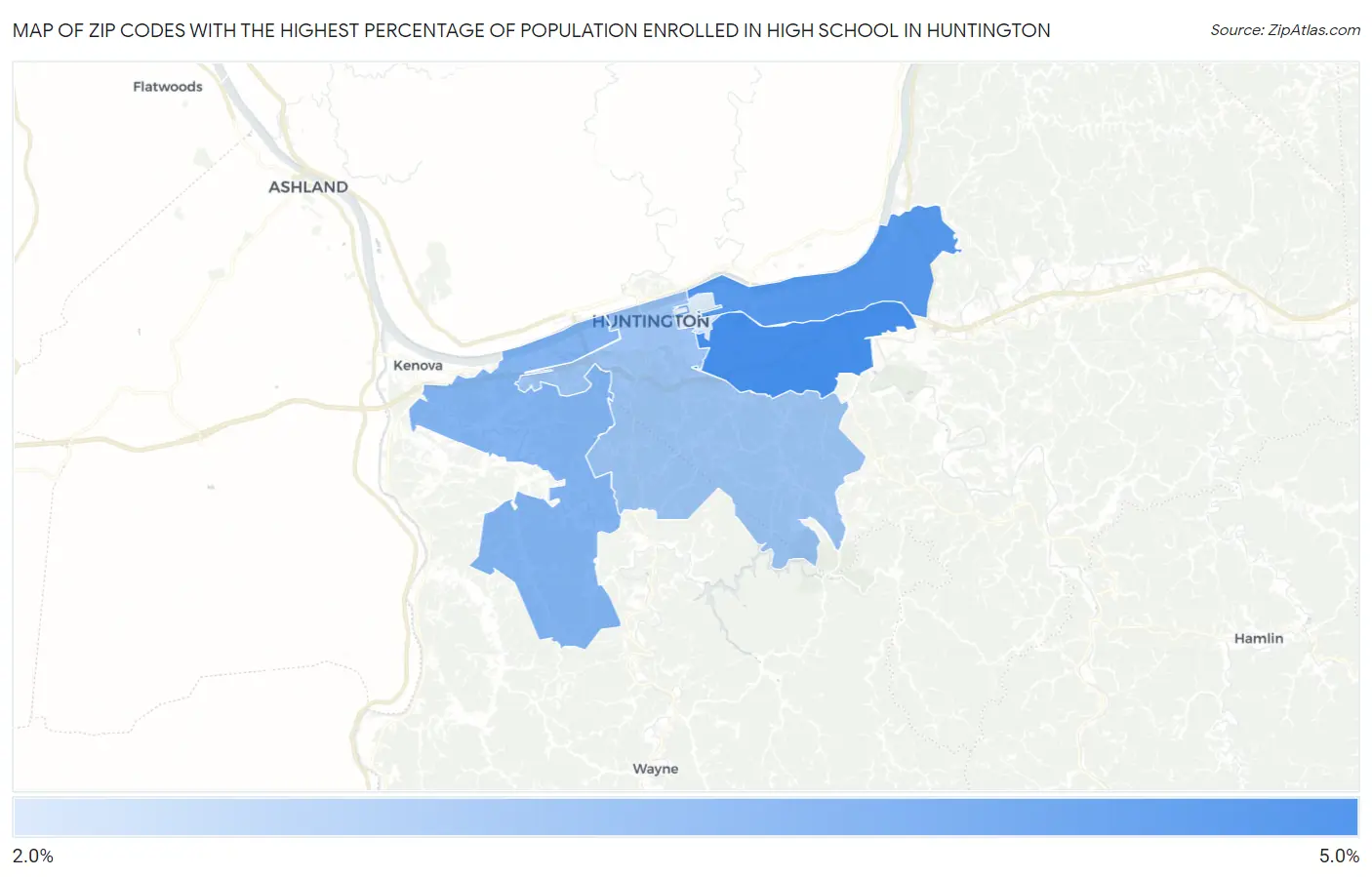 Zip Codes with the Highest Percentage of Population Enrolled in High School in Huntington Map