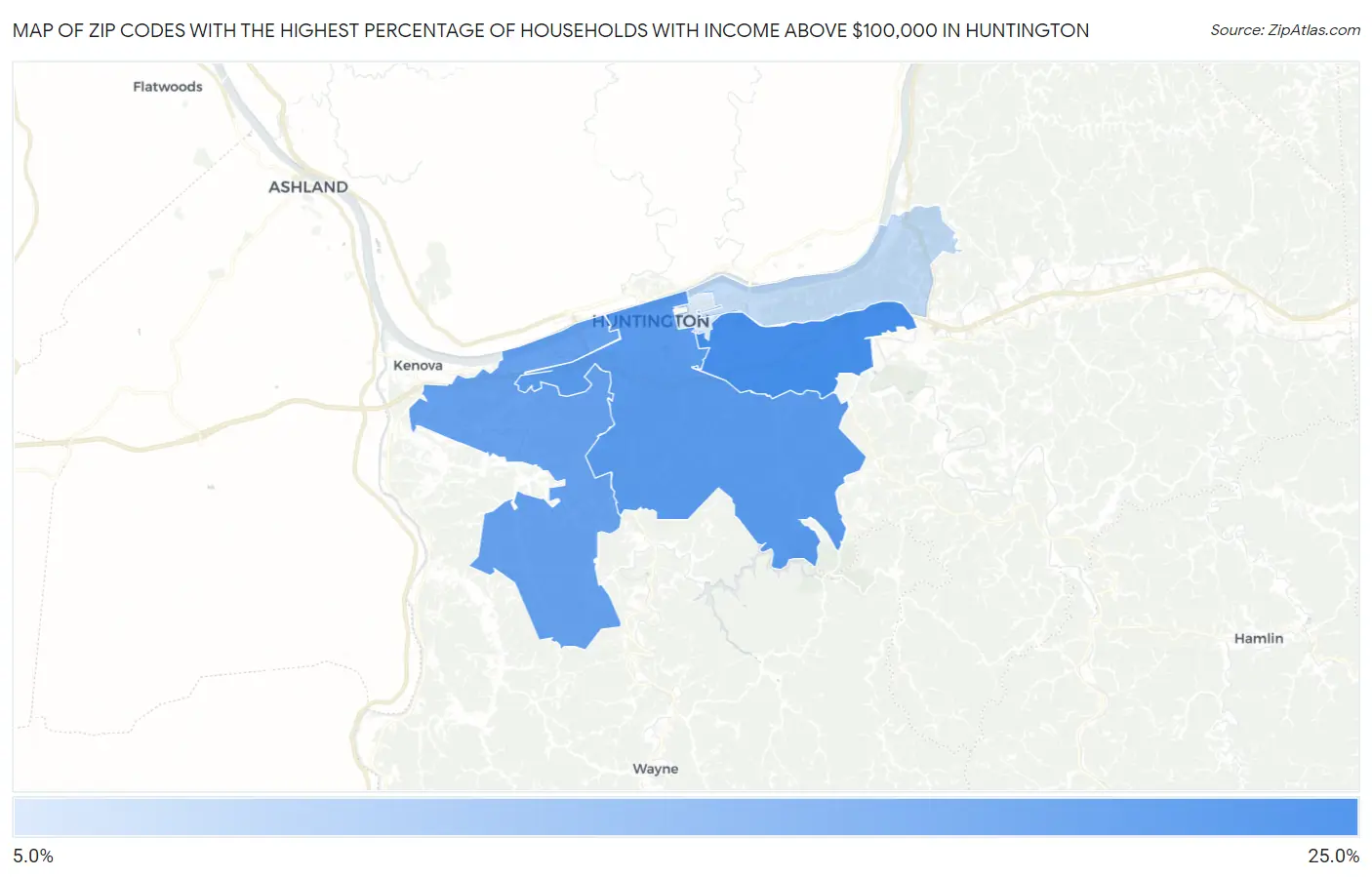 Zip Codes with the Highest Percentage of Households with Income Above $100,000 in Huntington Map