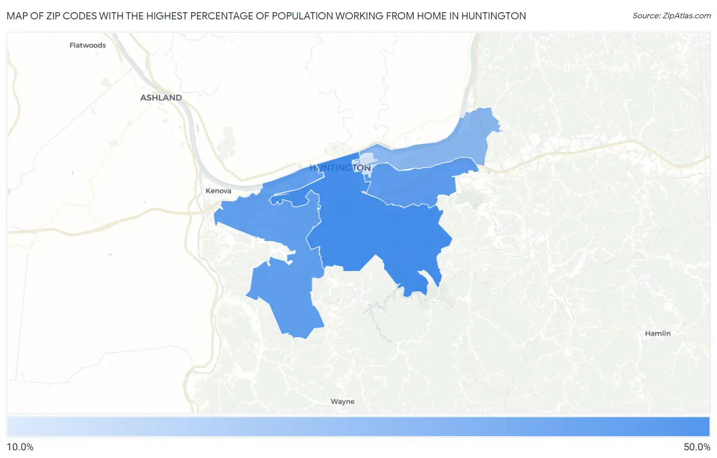 Zip Codes with the Highest Percentage of Population Working from Home in Huntington Map