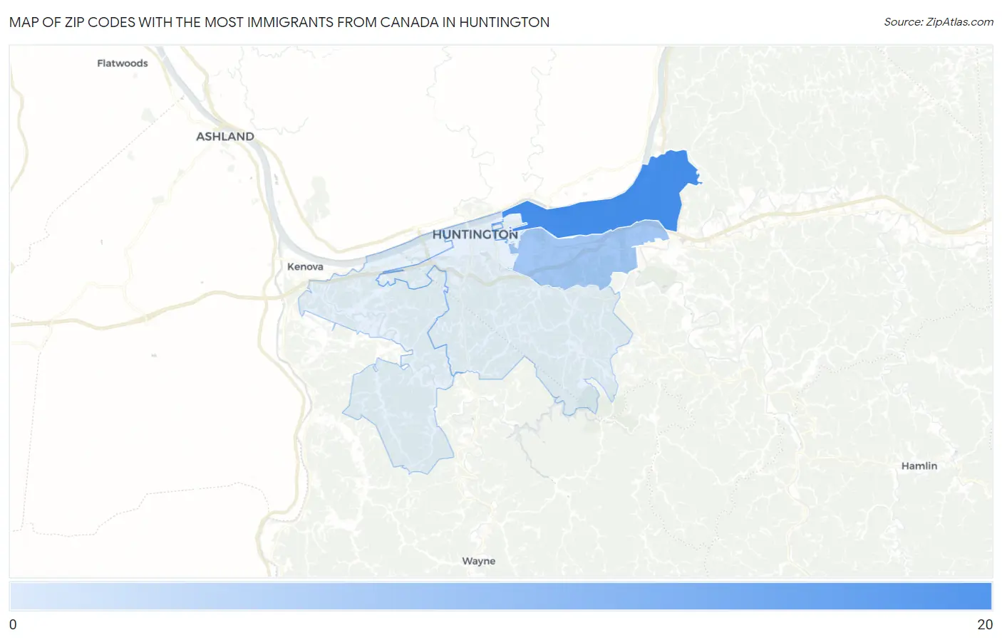 Zip Codes with the Most Immigrants from Canada in Huntington Map