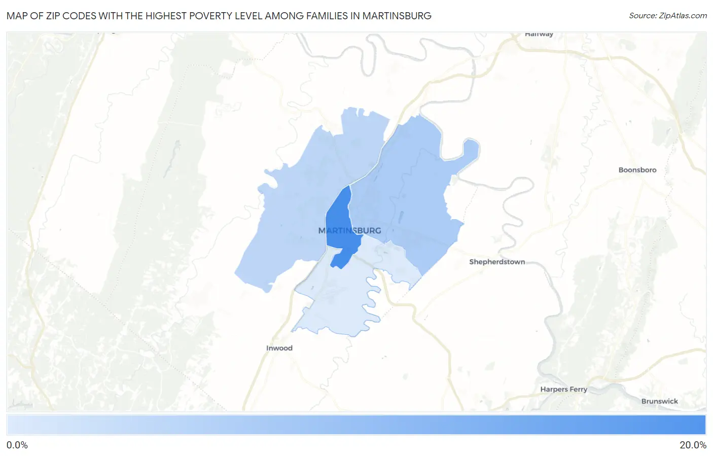 Zip Codes with the Highest Poverty Level Among Families in Martinsburg Map