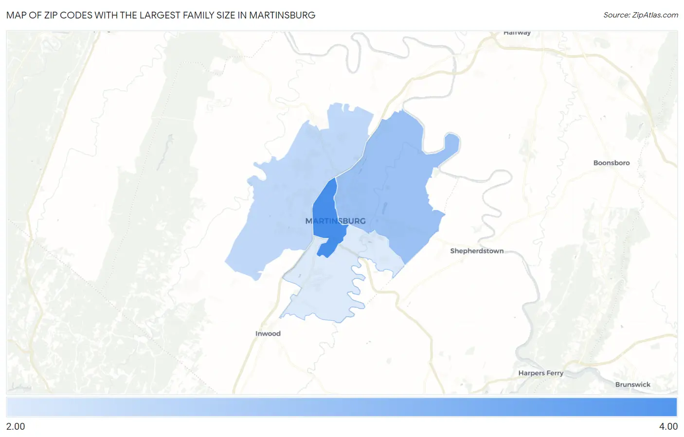 Zip Codes with the Largest Family Size in Martinsburg Map